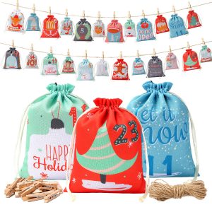 24 Pack Reusable Christmas Advent Candy Drawstring Gift Bags
